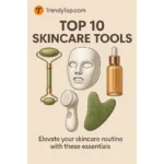 Pinterest graphic with soft beige background showing clean illustrations of a jade roller, LED face mask, facial brush, serum bottle, and gua sha stone under the title 'Top 10 Skincare Tools' and TrendyTopTen.com branding.