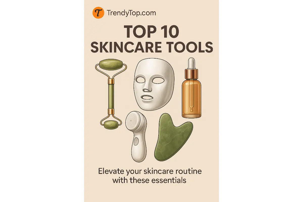 Pinterest graphic with soft beige background showing clean illustrations of a jade roller, LED face mask, facial brush, serum bottle, and gua sha stone under the title 'Top 10 Skincare Tools' and TrendyTopTen.com branding.