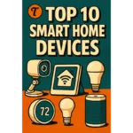 Pinterest graphic featuring bold cartoon-style illustrations of smart home gadgets such as a smart speaker, thermostat, smart plug, light bulb, and camera, with a clean beige background and “Top 10 Smart Home Devices” in bold lettering.