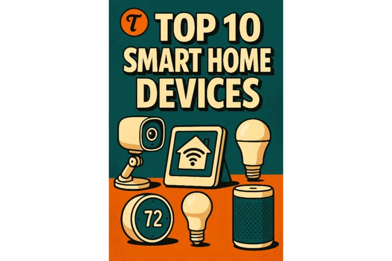 Pinterest graphic featuring bold cartoon-style illustrations of smart home gadgets such as a smart speaker, thermostat, smart plug, light bulb, and camera, with a clean beige background and “Top 10 Smart Home Devices” in bold lettering.