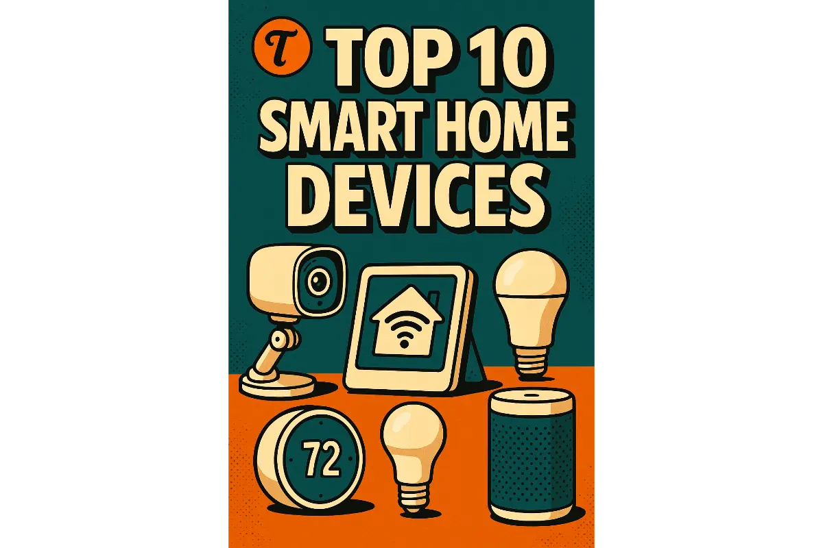Pinterest graphic featuring bold cartoon-style illustrations of smart home gadgets such as a smart speaker, thermostat, smart plug, light bulb, and camera, with a clean beige background and “Top 10 Smart Home Devices” in bold lettering.