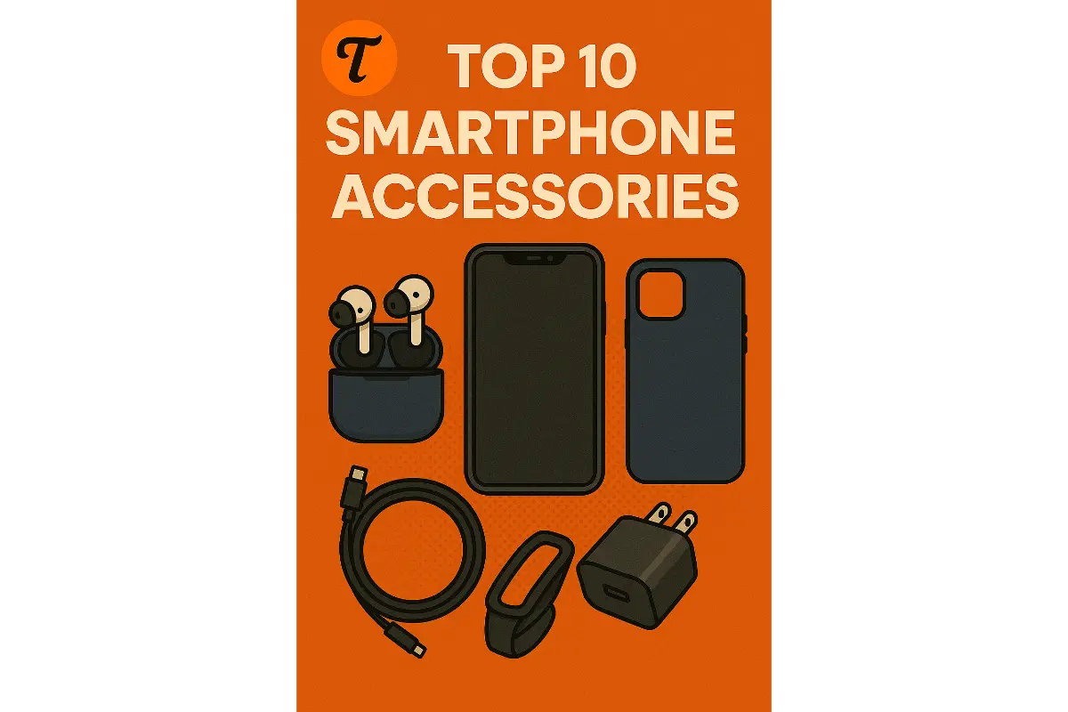 Pinterest graphic featuring flat-style illustrations of a phone case, wireless earbuds, charging cable, smartphone stand, and pop socket, with bold orange background and the title “Top 10 Smartphone Accessories” alongside the TrendyTopTen logo.